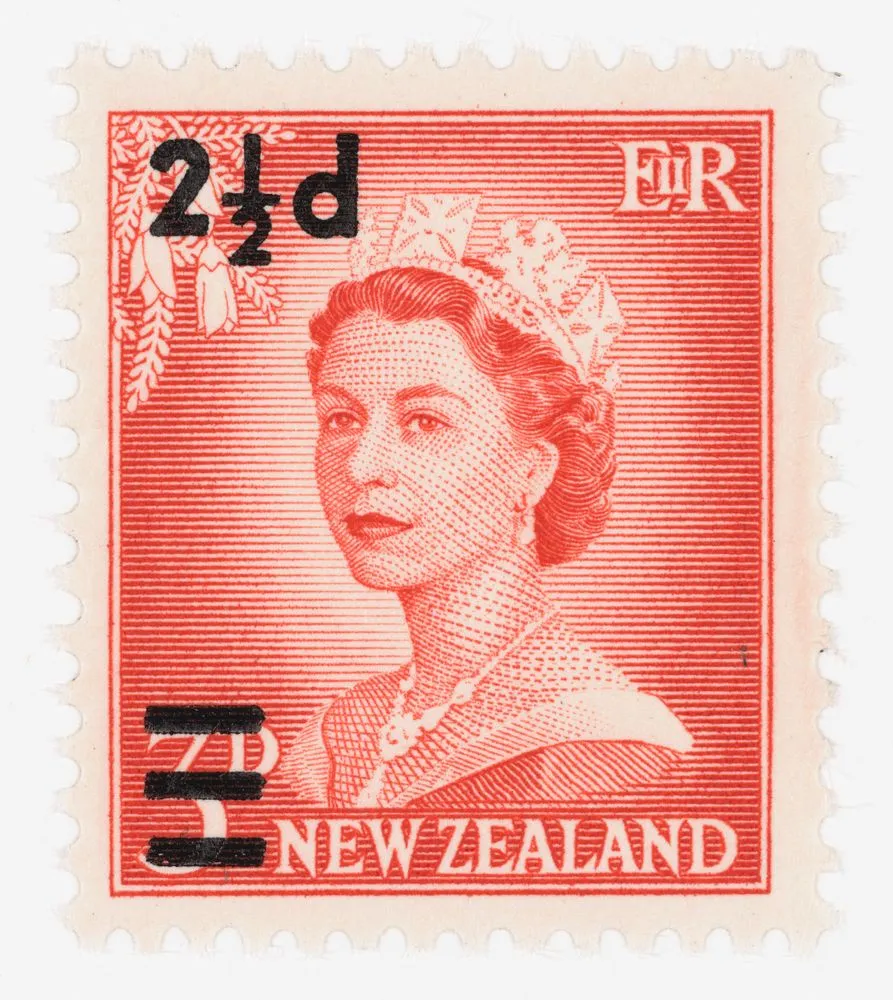 Issued three penny 'Queen Elizabeth II' definitive stamp in vermilion overprinted with '2 1/2d'