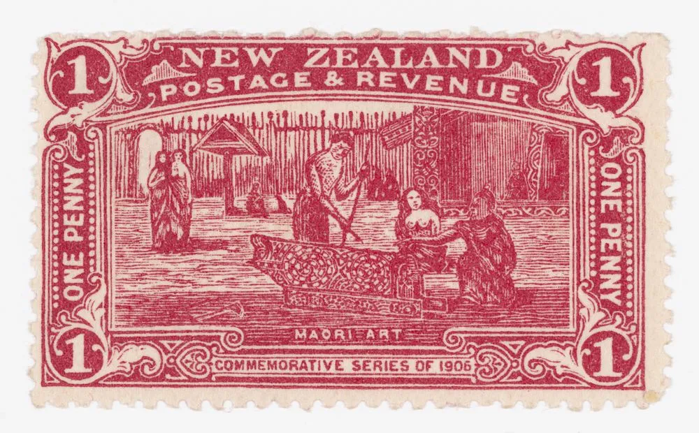 Issued one penny 'Maori Art' Christchurch Exhibition stamp in claret