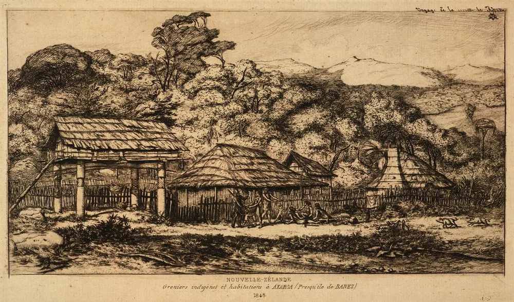 Greniers indigènes et habitation à Akaroa, presqu'île de Banks, 1845.