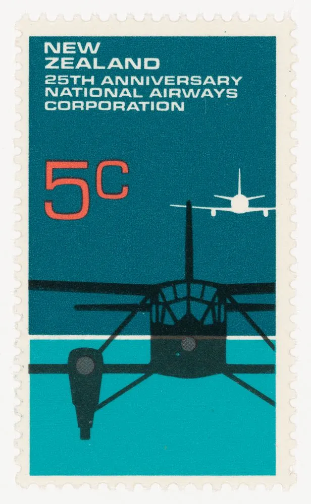 Issued five cent 25th Anniversary of the National Airways Corporation stamp