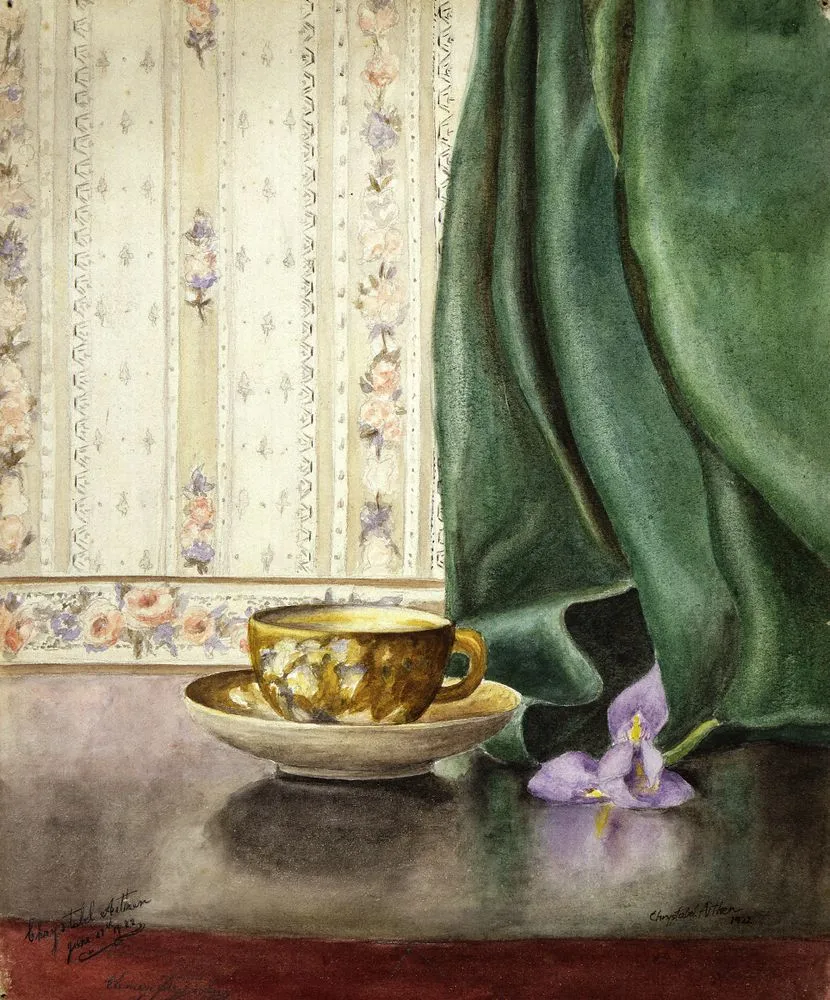 Still life : teacup, wallpaper, orchid.