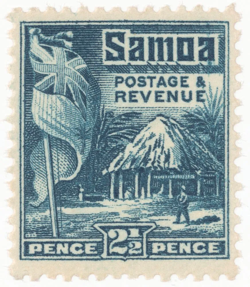 Issued two and a half penny Samoan 'Hut and Flag' stamp in grey-blue