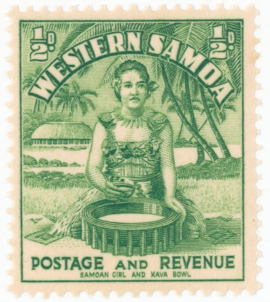 Issued Half penny Western Samoa 'Samoan Girl and Kava Bowl' stamp in green