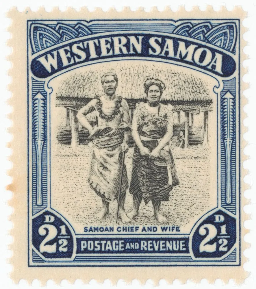 Issued two and a half penny Western Samoa 'Samoan Chief and Wife' stamp in black and blue