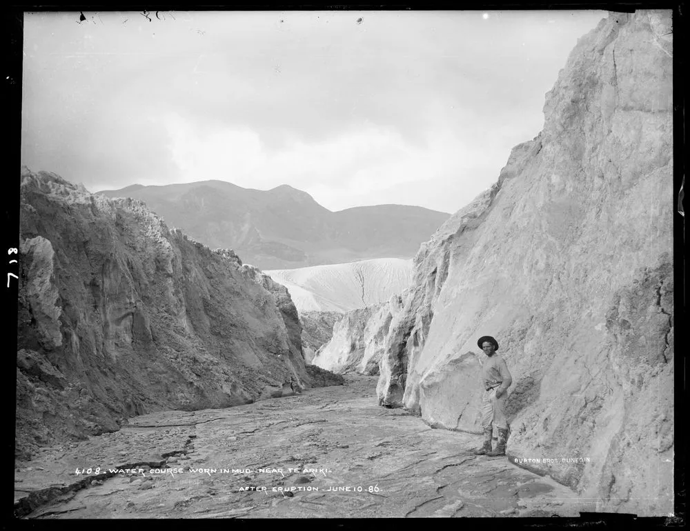 Water course worn in mud near Te Ariki, after eruption June 10 1886