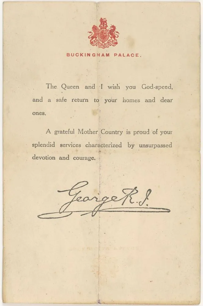 Farewell message from King George V and Queen Mary to Empire troops returning home