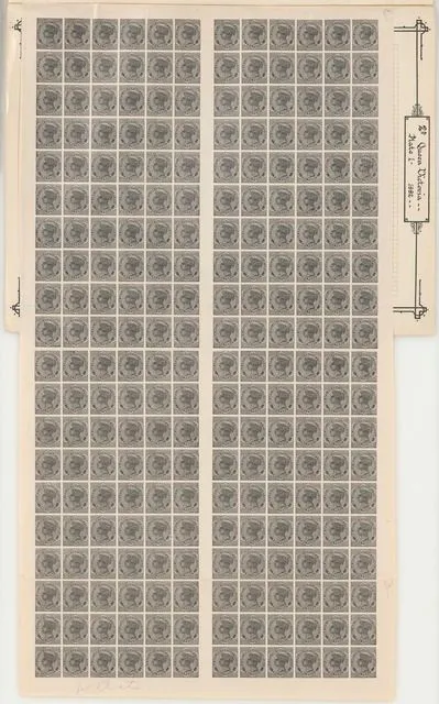 Sheet of two pence Queen Victoria Second Sideface stamps imperforate plate proof