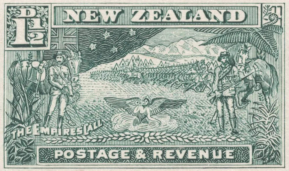Die proof in green for one and a half penny 'Empire's Call' stamp.
