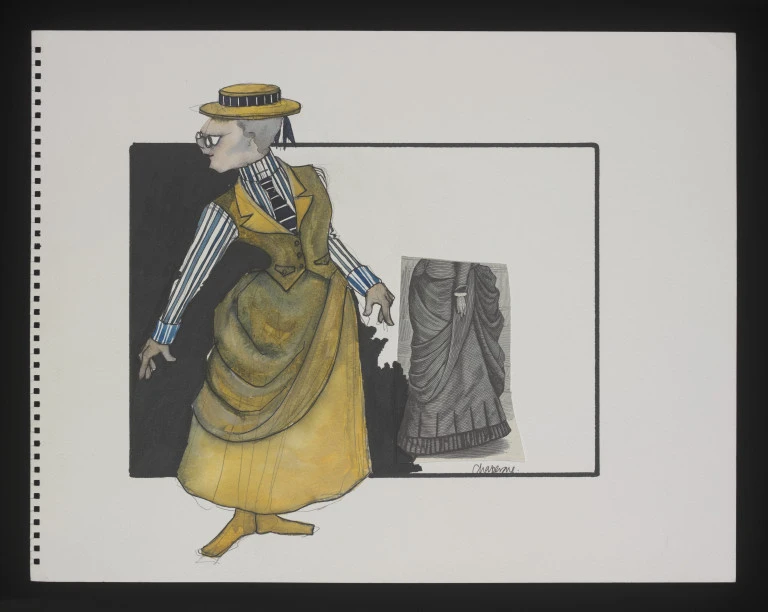 Costume design - Costume design for 'Chaperone'.  The design depicts a full length female figure wearing an 1880's style costume adapted for ballet performance. Attached to the right of the figure are photocopies of contemporary fashions illustrations of the 1880's. Unsigned by the artist.