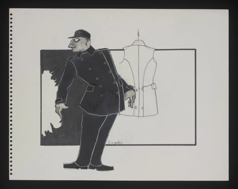 Costume design - Costume design for '2 Porters'.  The design depicts a full length male figure wearing an 1880's style costume adapted for ballet performance. The design consists of a double breasted black coat and trousers along with a black hat. Unsigned by the artist.