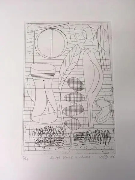 Print - Etching recalling the style of early 20th century modernism, specifically cubism and the Pacific inspired collage work of Matisse.  Part of a portfolio of 24 prints for the SOFA Print Project.