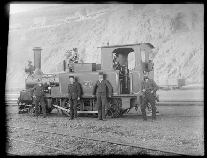 D Class steam locomotive no 46, showing five unidentified railway workers, including driver, probably Christchurch district
