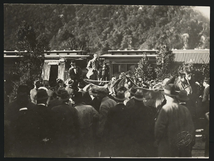 The Prince of Wales leaving his coach at Otira, West Coast - Photograph taken by Guy