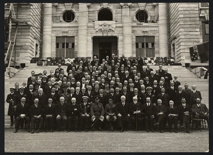Group on Parliament steps, Wellington, including the Prince of Wales