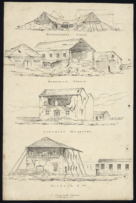 [Park, Robert] 1812-1870. Attributed works :[Sketches showing the damage to buildings sustained in the 1848 Wellington earthquake] 1848