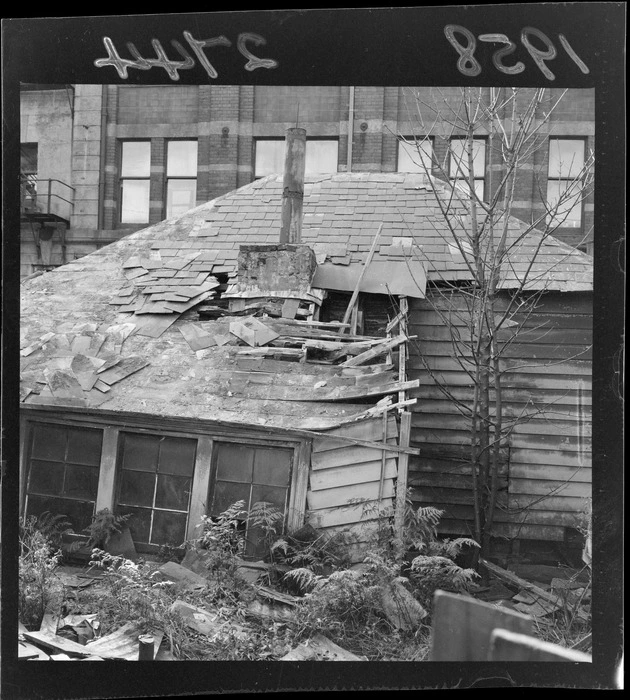 The demolition of Wellington's oldest building, a general store, which was owned by George Hunter and Kenneth Bethune