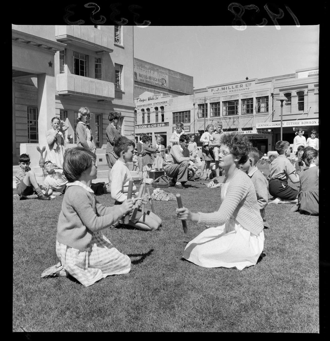 Students from South Wellington School practicing Maori stick games (Ti Rakau), Civic Square, Wellington