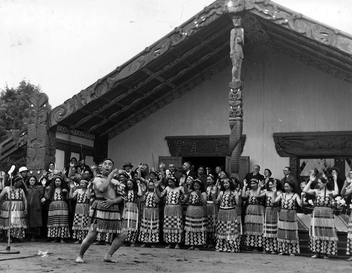 Haka and action song being performed at Mahina-a-rangi meeting house, Turangawaewae marae, Ngaruawhahia