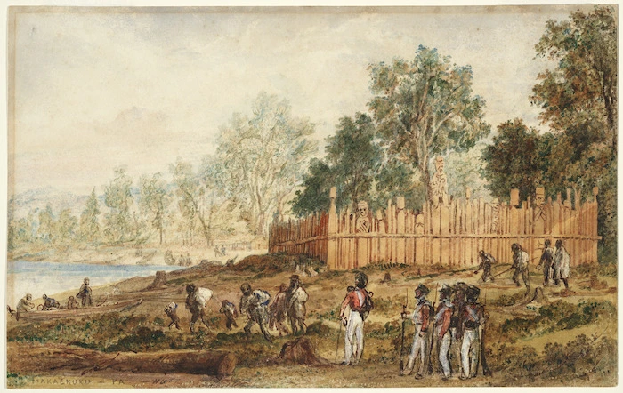 Brees, Samuel Charles, 1810-1865 :Makaenuku Pa; natives preparing to leave the Hutt. [ca 1845].