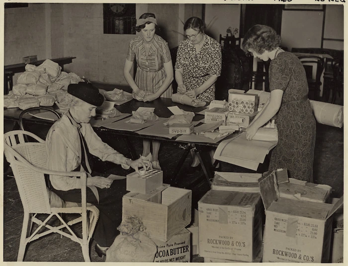 Women of the Overseas Seamen's Gift Committe packing items for New Zealand merchant seamen during World War II