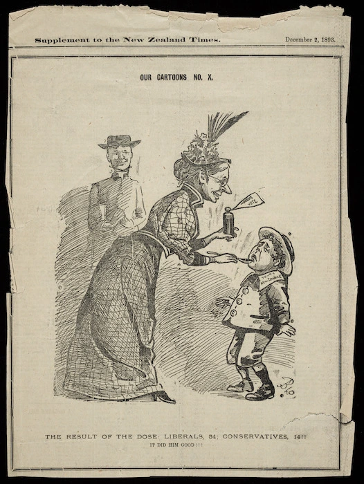 Blomfield, William, 1866-1938 :The result of the dose - Liberals, 54; Conservatives, 14!! It did him good!!! Our cartoons, No. X. Supplement to the New Zealand times, December 2, 1893.