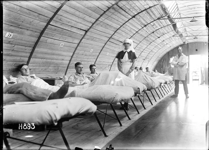 Nurse and patients in the New Zealand Stationary Hospital, Wisques, France
