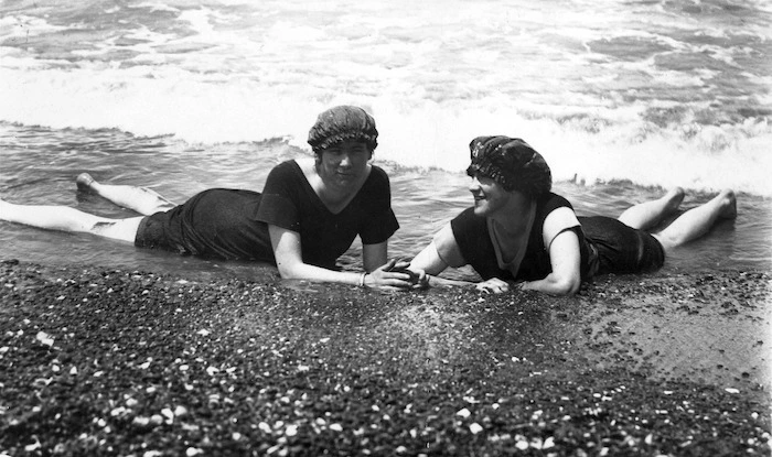 Two women in bathing suits, Lyall Bay, Wellington