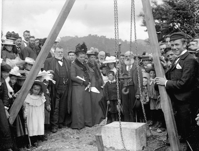 Richard John Seddon and his wife, Louisa Jane Seddon, at the laying of the foundation stone for the South African War Memorial in Ross, West Coast region