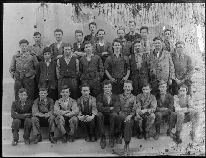 Large group of unidentified men outdoors wearing work clothes, probably Christchurch district