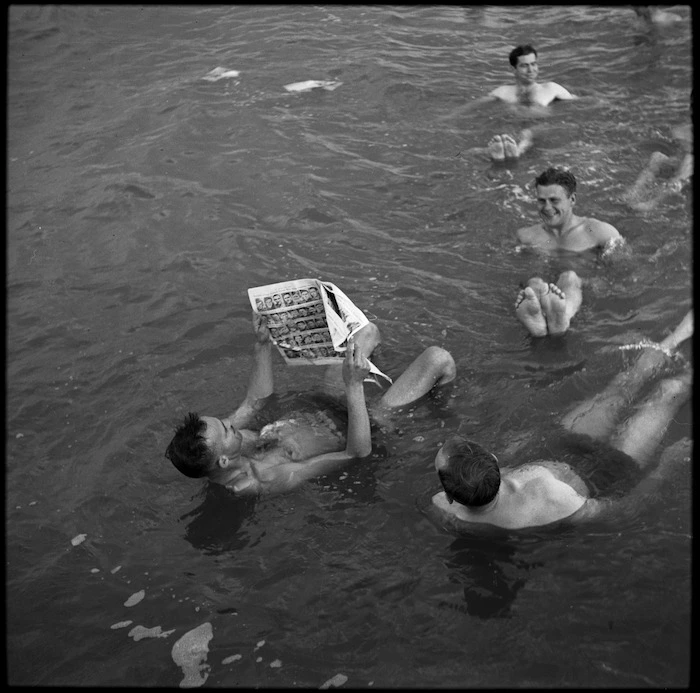 Members of 36 NZ Survey Battery bathing in the Dead Sea, World War II - Photograph taken by M D Elias