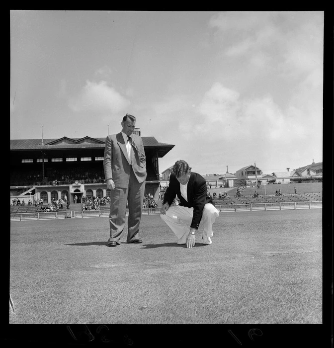 Cricket captains examining the wicket, Basin Reserve, Wellington,