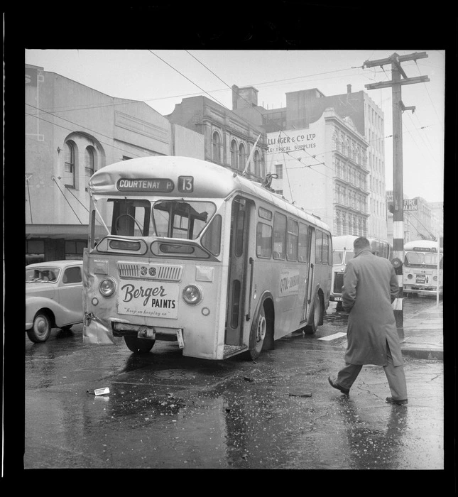 Damage to trolley bus after accident with diesel bus, Mercer Street, Wellington