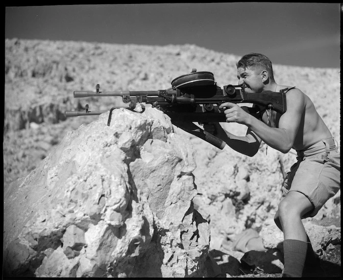 Demonstrating the use of twin brens, Syria, World War II