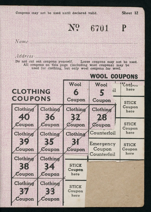 New Zealand. Government: Clothing coupons; wool coupons. No. 6701, sheet 12.
