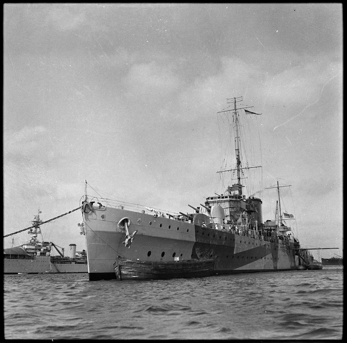 HMS Leander lying at anchor in a Middle East port, World War II
