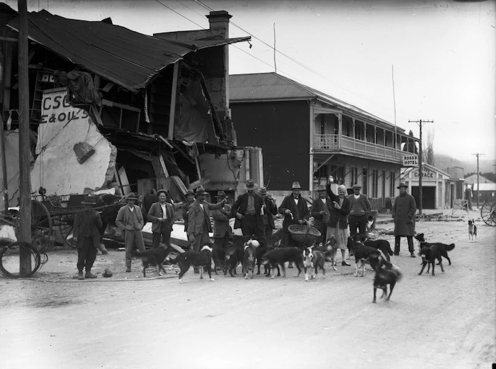 Dave Oxnam and others, feeding stray dogs after the 1929 Murchison earthquake