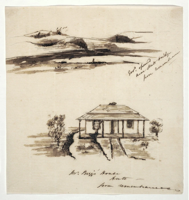 Pearse, John, 1808-1882 :Ground opened near Hutt bridge from remembrance. Mr Biggs house, Hutt, from remembrance. [1855 or 1856]