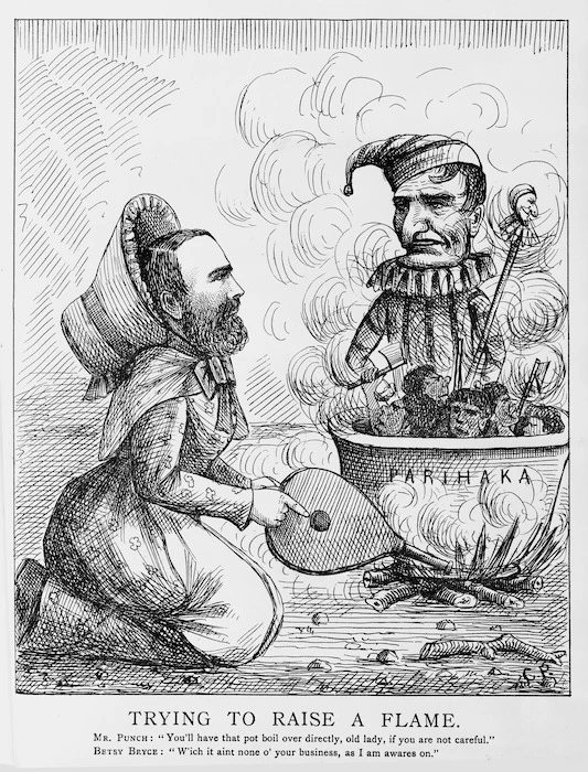 P., C., fl 1880 :Trying to raise a flame. Parihaka. 1880.