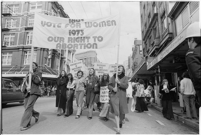 Women marching to protest against the abortion laws, Willis Street, Wellington