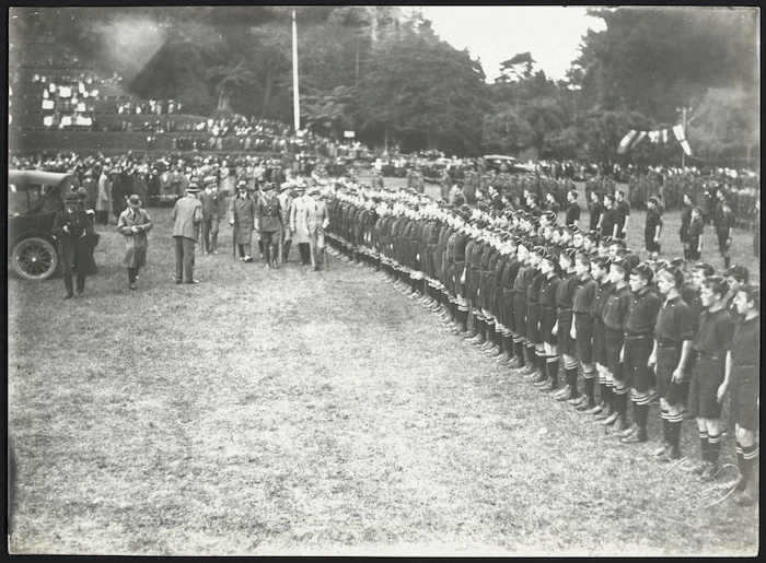 Prince of Wales inspecting school boys, New Plymouth - Photograph taken by Guy, Dunedin