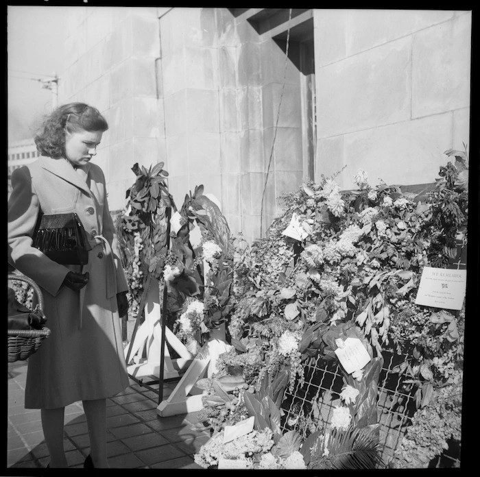 Woman and Anzac Day wreaths, Wellington Cenotaph war memorial