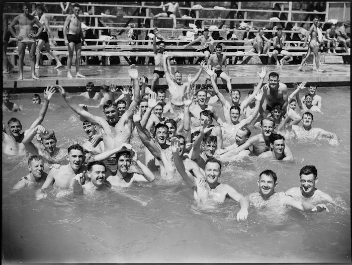 Group of Kiwis in the Maadi Baths, Egypt, during the swimming sports of a Wellington Battalion, World War II - Photograph taken by G Kaye