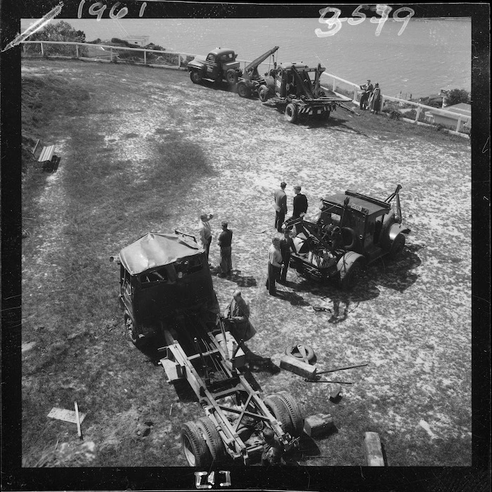 Damaged tow truck and tip truck, Mount Victoria, Wellington