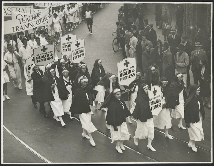 Red Cross nurses marching in procession, Wellington