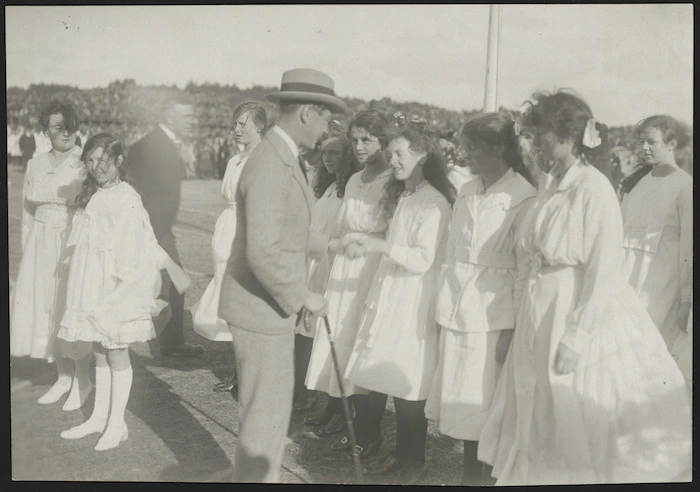 Edward Prince of Wales talking to school girls, Dunedin, New Zealand