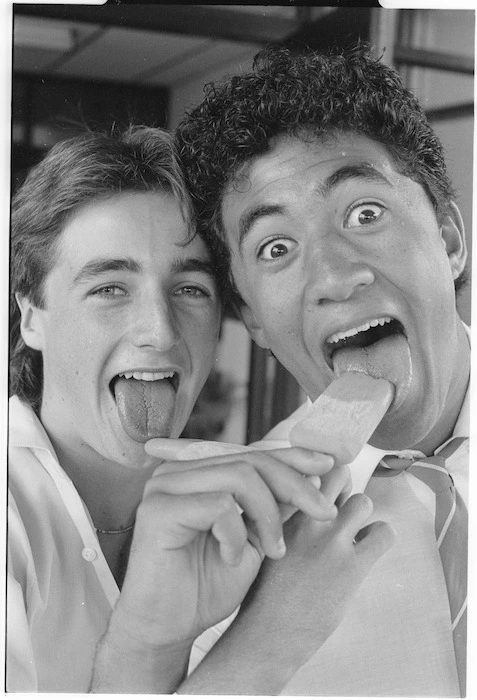 Boys from St Patrick's College, Wellington, eating green ice blocks on St Patrick's Day - Photograph taken by Greg King