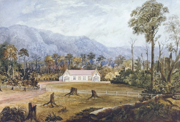 Smith, William Mein 1798-1869 :View of Woburn Farm, River Hutt, the residence of the Hon. Henry William Petre.(ca 1850) / by William Mein Smith (1798-1869). Wellington, Alexander Turnbull Library Endowment Trust Board, 1987