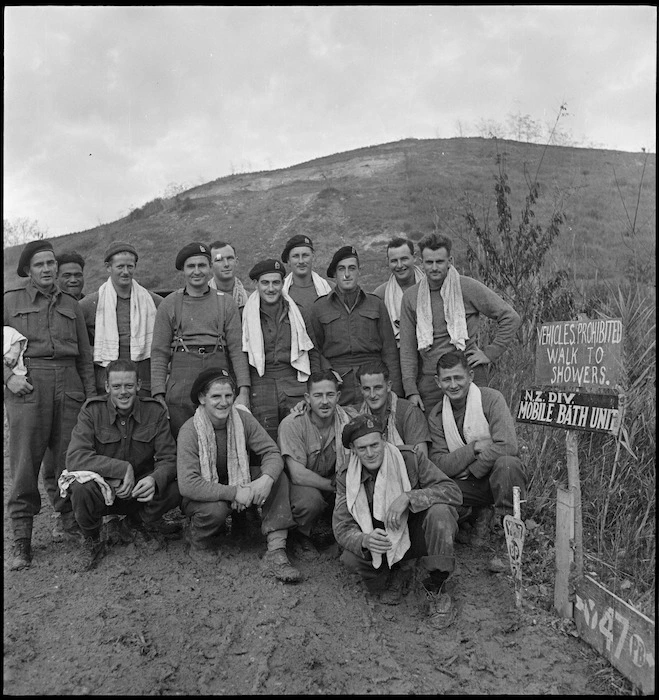 NZ Mobile Bath Unit supplying hot showers in the field in Italy, World War II - Photograph taken by George Kaye