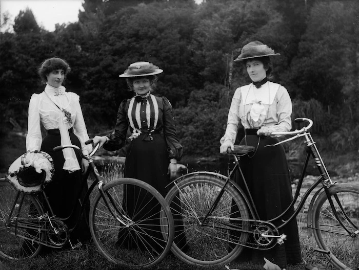 Unidentified women with bicycles, probably in the Taranaki Region