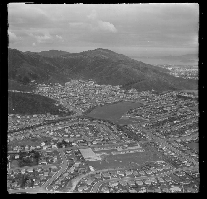 The suburb of Naenae with Rata Road and Naenae Primary School in foreground with Naenae Park beyond, Hutt Valley, Wellington Region